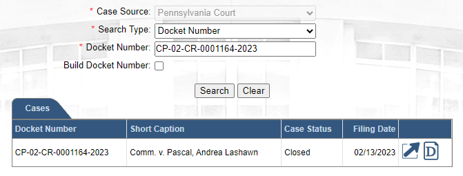 Searching for an existing Common Pleas case in the Select Cases screen.